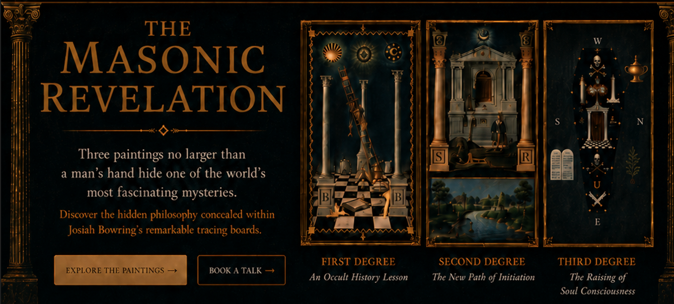 The Masonic Revelation — three paintings no larger than a man's hand hide one of the world's most fascinating mysteries. Bowring's First, Second and Third Degree tracing boards.